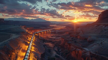 Poster - Golden sunlight bathes the rugged terrain as a slender pipeline winds through the valley. Billowing clouds cast colorful shadows while the sun sets in the background, creating a picturesque view.