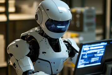Poster - Advanced humanoid robot working at computer in modern laboratory environment