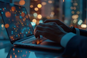 Poster - Hands typing on laptop at night with city lights illuminating surroundings
