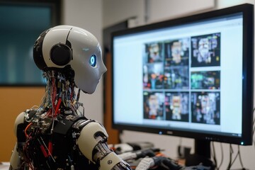 Poster - Advanced humanoid robot interacting with computer screen in a technology lab setting