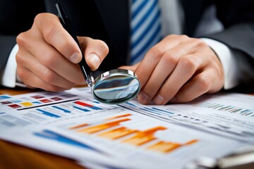 Poster - Business professional analyzing financial reports with a magnifying glass on a wooden desk