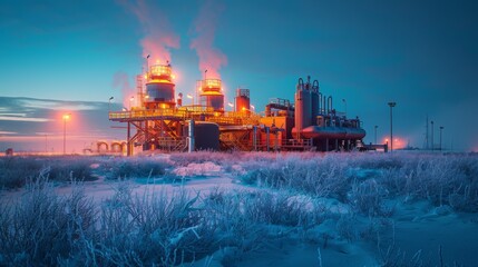 Poster - A large industrial facility is brightly lit as the sun rises, surrounded by frosty ground and a blue sky, showcasing the stark beauty of the cold landscape.