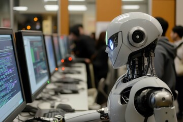 Poster - Robots performing coding tasks in a busy tech lab during an evening coding session