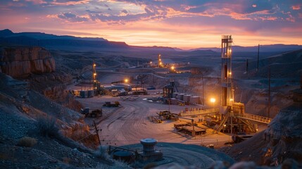 Aufkleber - Illuminated drilling rigs and equipment stand in a rocky landscape during sunset, casting a warm glow against the dramatic sky and mountains in the background.