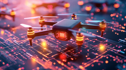 Poster - A close-up of a sleek drone with illuminated propellers hovering above a network of glowing circuit patterns, creating a futuristic atmosphere