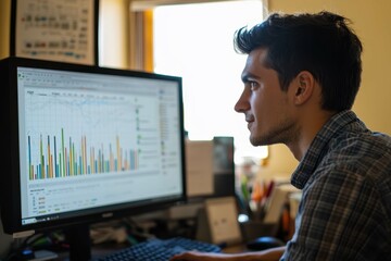 Poster - Young professional analyzes data on computer in a bright office environment during daytime hours