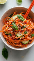 Wall Mural - Delicious zucchini and carrot noodle salad with Asian flavors served in a bowl on a grey tabletop