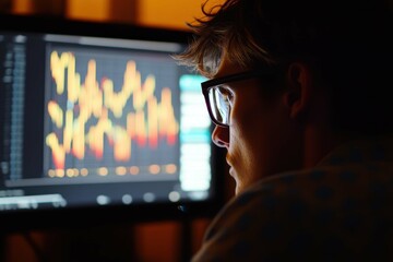Poster - Individual analyzes stock market data on computer screen during late-night trading session