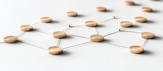Connected coins network, white background, global finance
