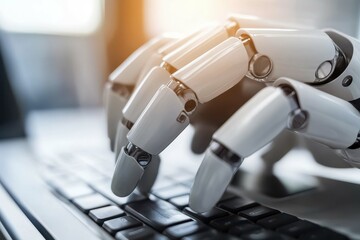 Poster - Robot hand typing on a keyboard in a modern workspace during daylight hours