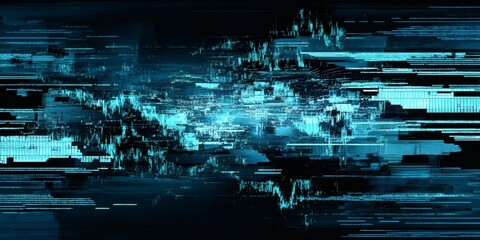 Aufkleber - Distorted digital signal creating a grunge texture background with turquoise and blue interference on black