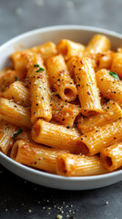 Wall Mural - Creamy red pepper rigatoni pasta served in a white bowl on a light gray background, captured in high resolution with vegetative dish, meat, vegan menu