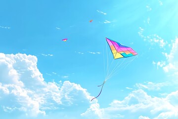 colorful kite flying in the blue sky through the clouds