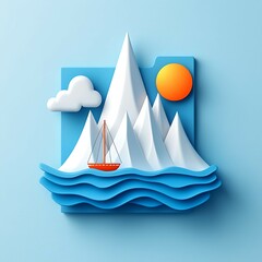 Wall Mural - a vibrant, colorful scene featuring a sailboat on blue waves, surrounded by snowy mountains, clouds,