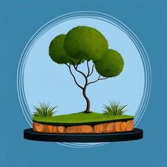 Wall Mural - a stylized, minimalistic tree with lush green foliage sits atop a grassy mound, surrounded by a circ