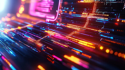 Poster - Abstract representation of vibrant digital data flow with glowing lines and particles in a futuristic environment