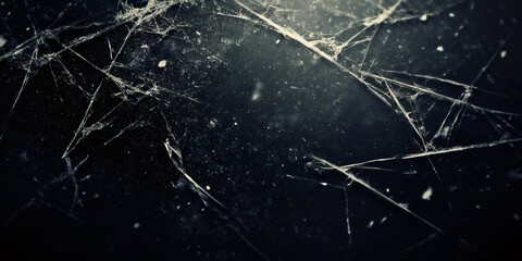 Cracked glass surface overlaid on dark grunge backdrop, revealing weathered texture with intricate dust covered spiderwebs