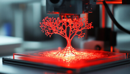 Poster - bioprinter creating glowing tree structure in lab