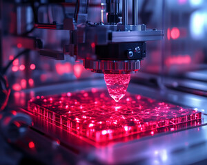 Poster - High tech bioprinter creating synthetic skin layers in red light
