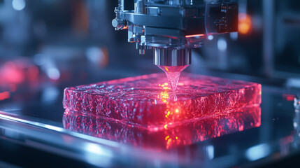 Poster - Bioprinter depositing layers of muscle tissue with vibrant light