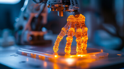 Poster - glowing robotic hand is being printed on platform