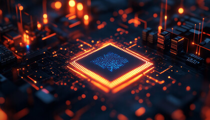 Poster - Abstract circuit board with glowing elements and empty center