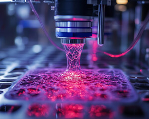 Poster - Advanced bioprinter depositing hydrogel materials vibrant colors
