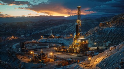 Workers operate drilling equipment at a well lit oil extraction site during dusk, surrounded by mountains and a colorful sky transitioning to night.