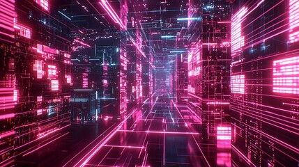 Aufkleber - Neon Cityscape Digital Corridor Abstract Art