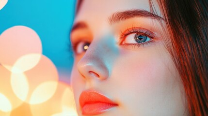 Wall Mural - Close-up beauty portrait of a young woman with colorful lighting