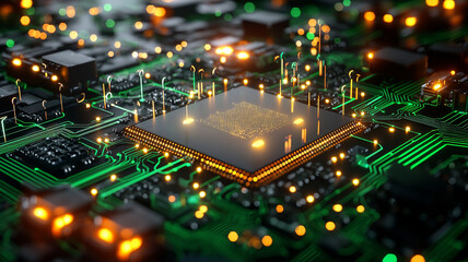Poster - Close-up view of a microchip surrounded by glowing circuit pathways and electronic components emanating a green light