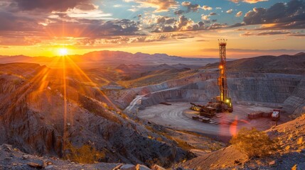 Aufkleber - Heavy machinery extracts minerals in a large mining pit as the sun sets behind distant mountains, casting golden hues on rocky terrain and colorful clouds.