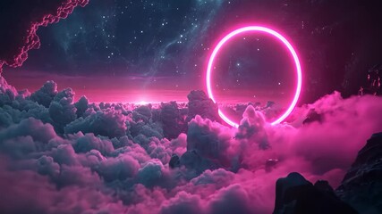 Poster - Colorful cosmic landscape with neon pink ring illuminating cloud formations at night