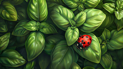 Wall Mural - Ladybug on Lush Green Basil Leaves