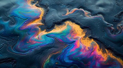 Poster - Vibrant swirls of color transition through hues of blue, orange, and purple as they shimmer on a dark surface, reflecting light and showcasing organic forms.