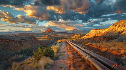 Poster - Vibrant colors fill the sky as sunset casts a warm glow over a winding pipeline through rocky terrain, showcasing diverse geological features and distant mountains.