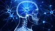 © 문용 최 - 과적된 정보의 신경망 폭주, 두개골 안에서 푸른색 신경세포들이 과열된 CPU처럼 깜빡이며 과도하게 연결되는 모습