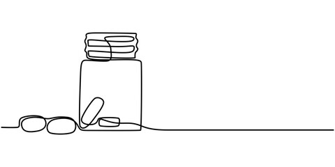Poster - Continuous Line Drawing of Medicine Pills Icon. Hand Drawn Symbol Vector Illustration, Continuous one line drawing of drug bottle, pill bottle. One line drawing illustration of supplements jar. pro.