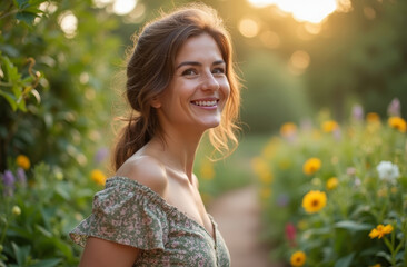 Cheerful woman in blooming garden. Serene expression. Smile, fun and happiness at home. Lifestyle oudoors scenery.