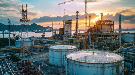 Leinwandbilder - An industrial complex is illuminated by a vibrant sunset, showcasing large storage tanks, refinery structures, and cranes against a scenic water backdrop.