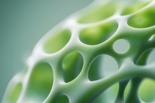 Abstract 3d rendering of organic structure, green mesh with holes, futuristic background