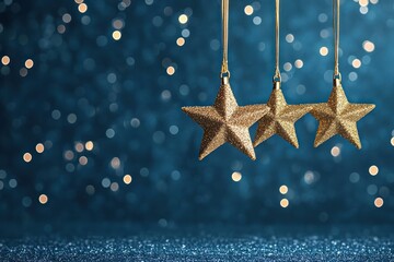 Wall Mural - Golden Christmas Stars Hanging on Blue Bokeh Background