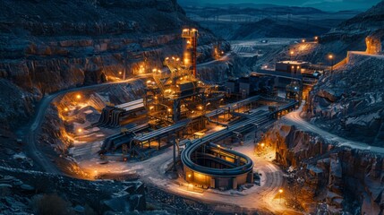 Leinwandbilder - Large mining site in a canyon exhibiting extensive machinery and illuminated systems working diligently during the night, reflecting a blend of technology and nature.
