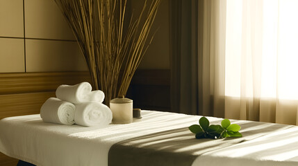 Spa treatment table elegantly prepared with rolled towels and decorative elements in a tranquil setting