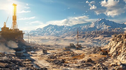 Leinwandbilder - Heavy machinery extracts oil in a desolate desert area surrounded by majestic mountains, illuminated by the warm glow of the setting sun on a clear day.