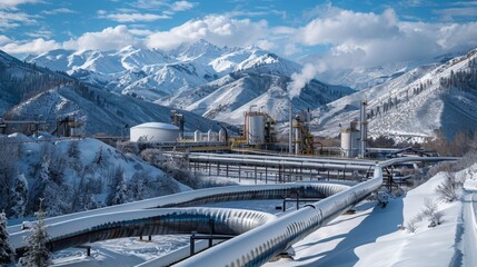 Poster - This setting showcases a series of large pipelines transporting materials, with storage tanks visible against a backdrop of snow blanketed mountains under a bright blue sky.