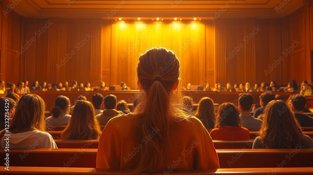Woman's back view in a courtroom audience. Stock Illustration | Adobe Stock