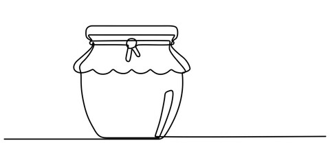 Poster - Glass canning jar in continuous line art drawing style. Food preserve. Minimalist black linear sketch on white background. Vector illustration, Jar of honey one line continuous. Line art jar of jam. 