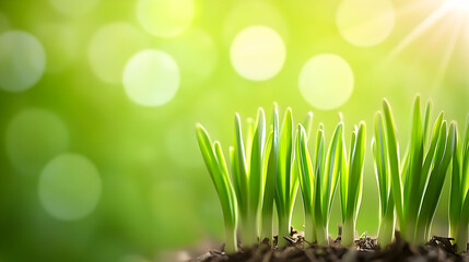 New growth, spring grass, sunny bokeh background, nature's renewal, environmental imagery