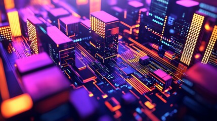 Poster - Abstract Neon Cityscape Digital Technology Artwork